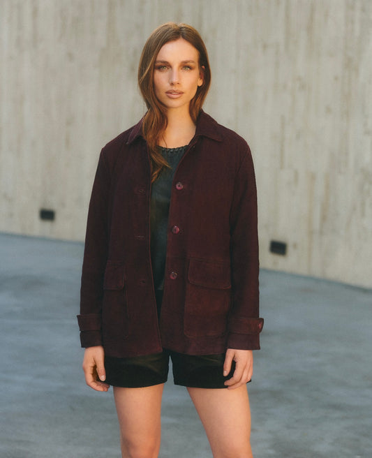 CHAQUETA LARGA GAMUZA BURDEO