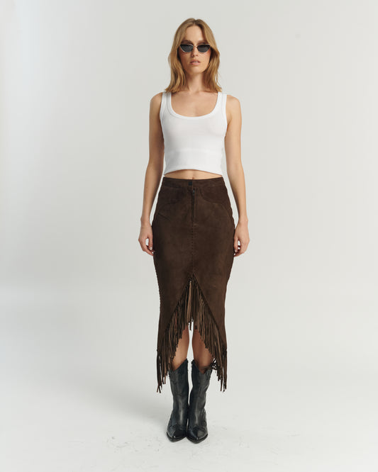 Falda Flecos Gamuza Chocolate | Ropa de Cuero Mujer Chile