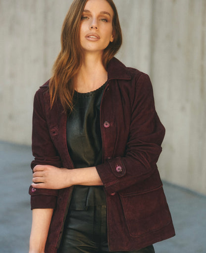 CHAQUETA LARGA GAMUZA BURDEO