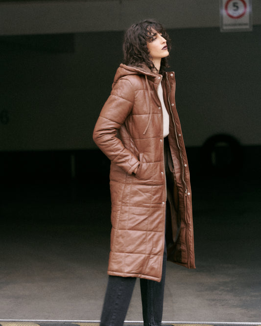 Chaqueta Puffa Majesty Camel 100% cuero de oveja