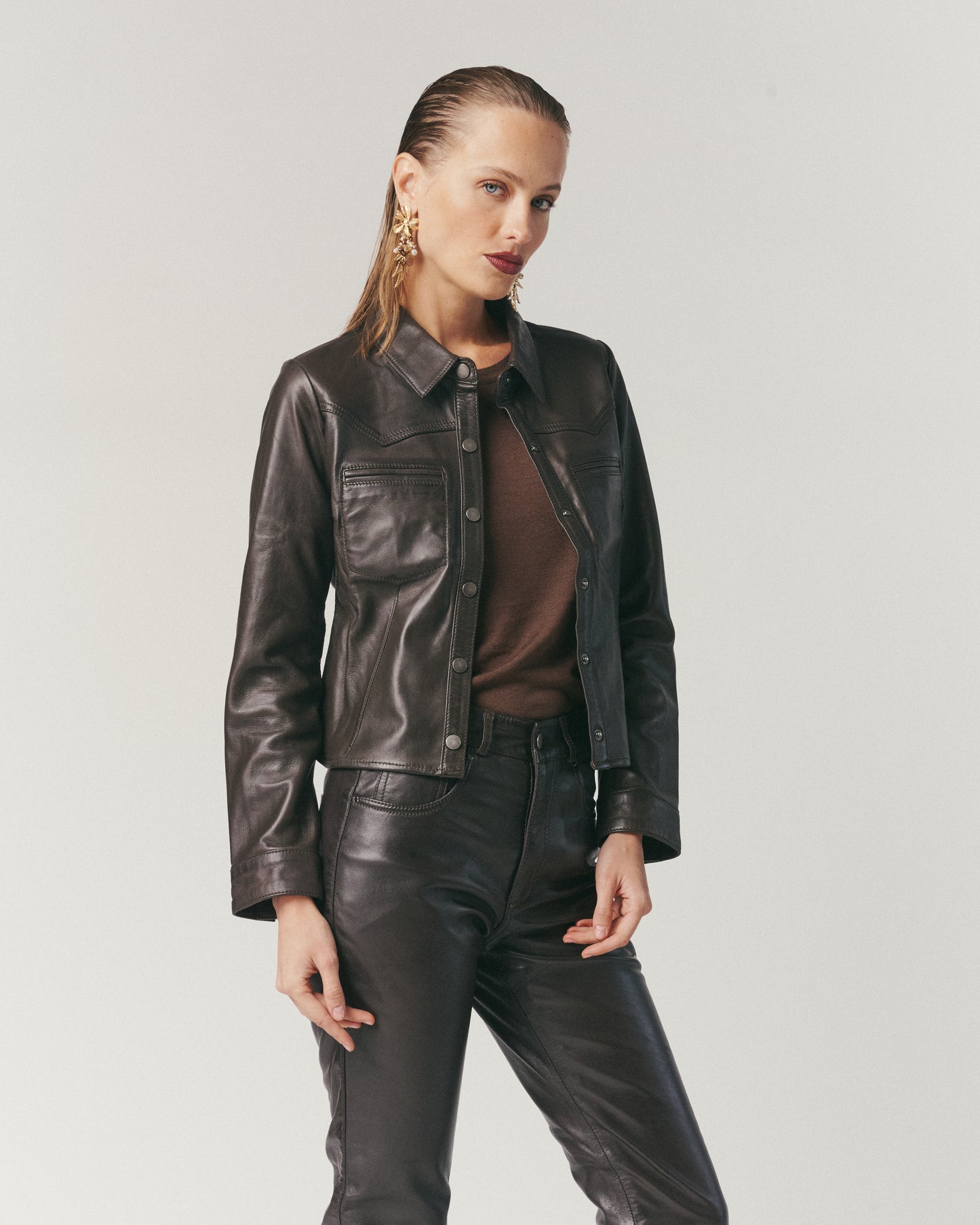Camisa Cuero Chocolate Mujer | Ropa de Cuero Mujer Chile